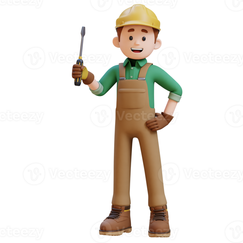 3D Construction Worker Character Holding Screwdriver in Confident Pose png