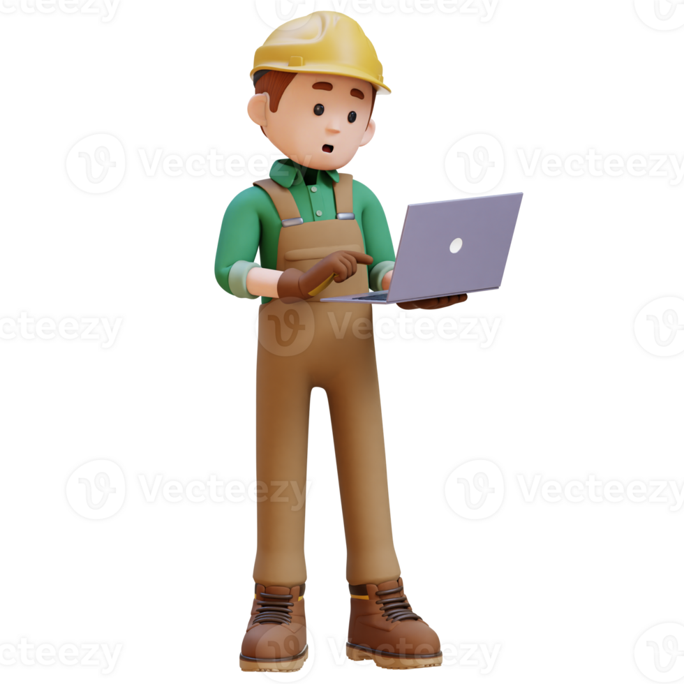 3D Construction Worker Character Working on a Laptop png