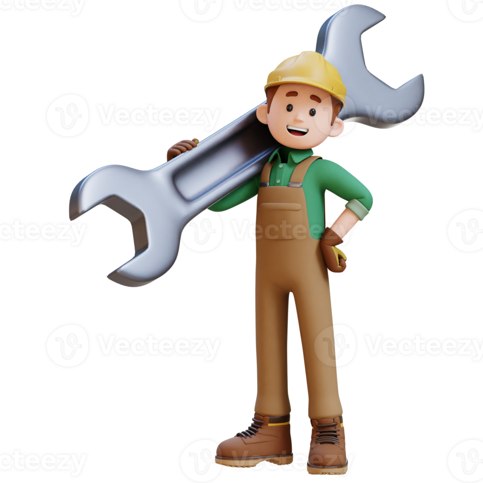 3D Construction Worker Character Carrying Big Wrench on Shoulder png