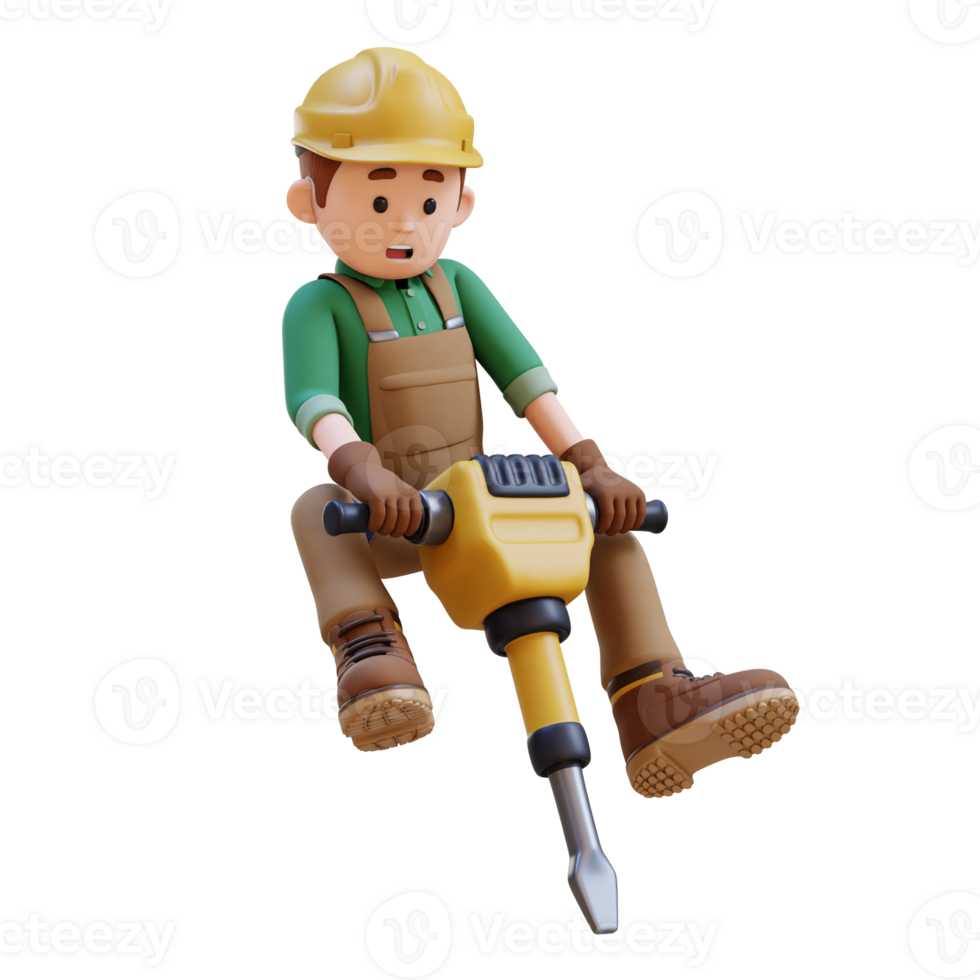 3D Construction Worker Character Working with Jackhammer png