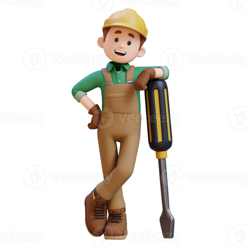 3D Construction Worker Character Lying on Big Screwdriver png