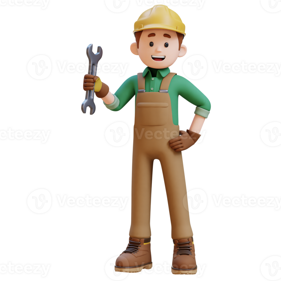 3D Construction Worker Character Holding Wrench in Confident Pose png