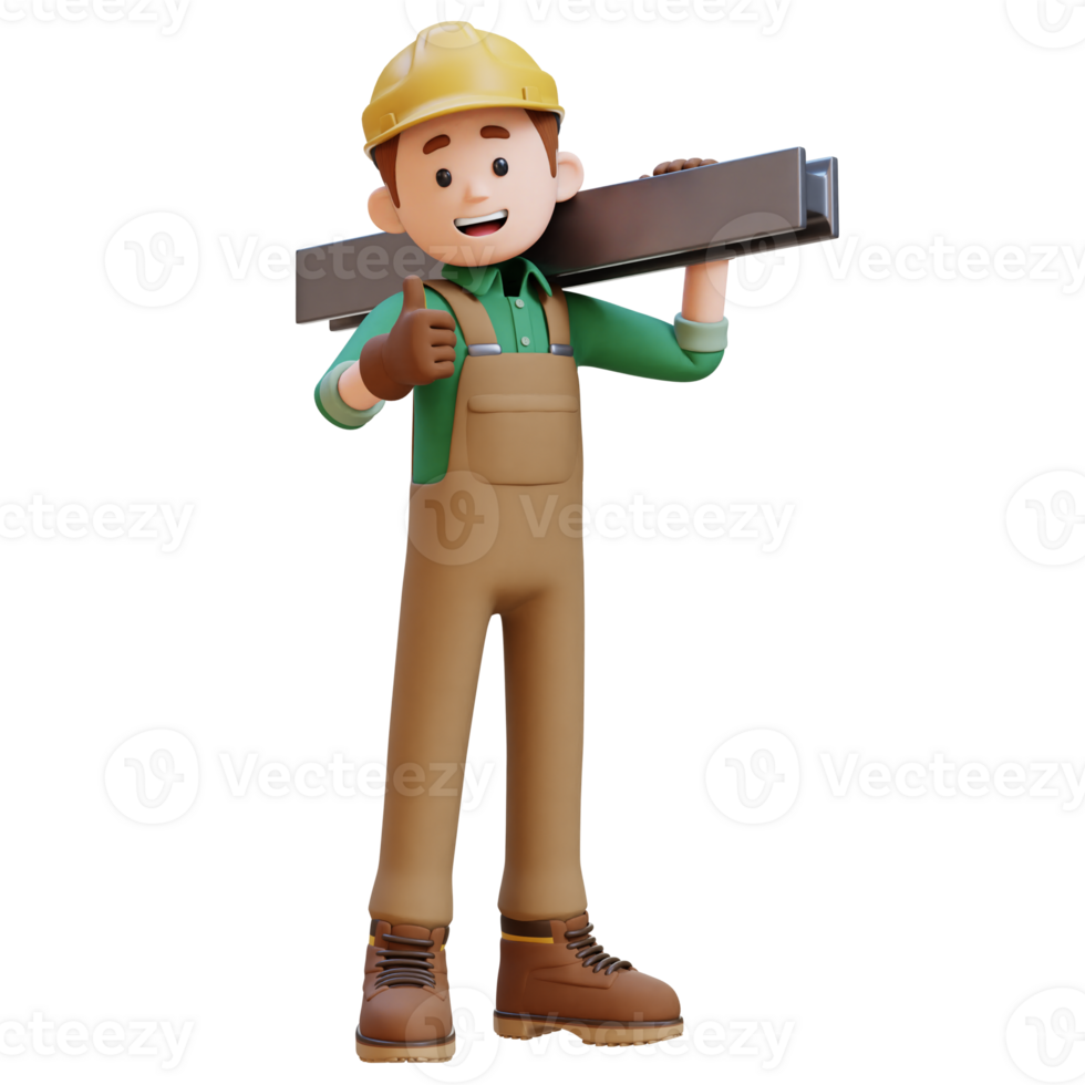 3D Construction Worker Character Carrying steel on Shoulder png