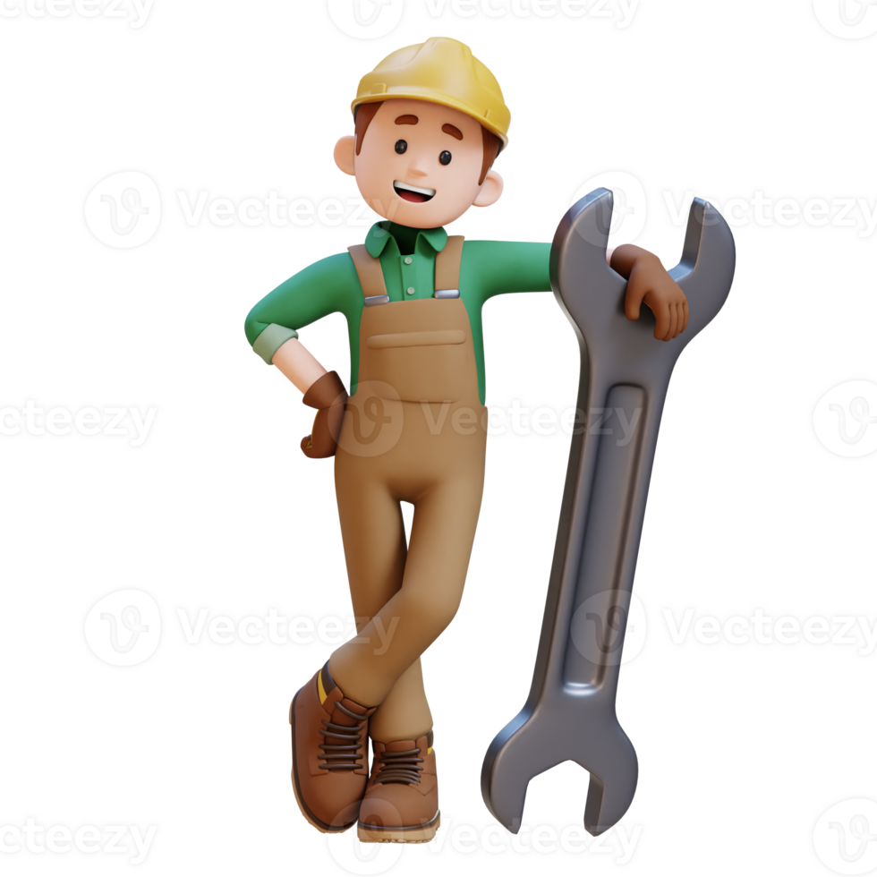 3D Construction Worker Character Lying on Big Wrench png