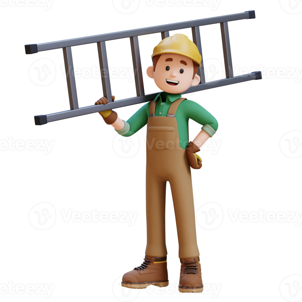 3D Construction Worker Character Carrying Ladder on Shoulder png