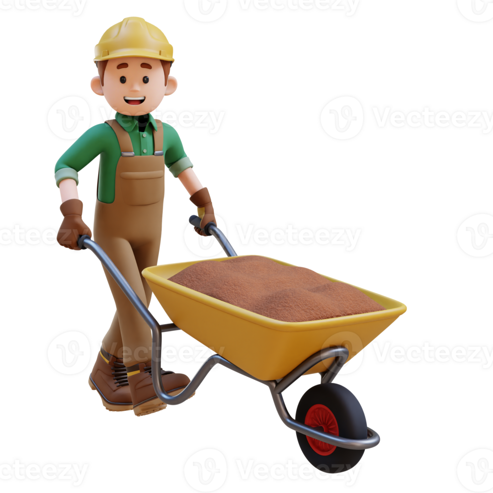 3D Construction Worker Character Carrying Cement with Wheelbarrow png