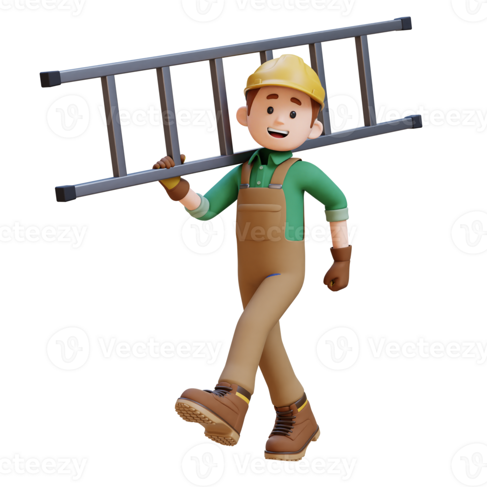 3D Construction Worker Character Walking and Carrying Ladder on Shoulder png
