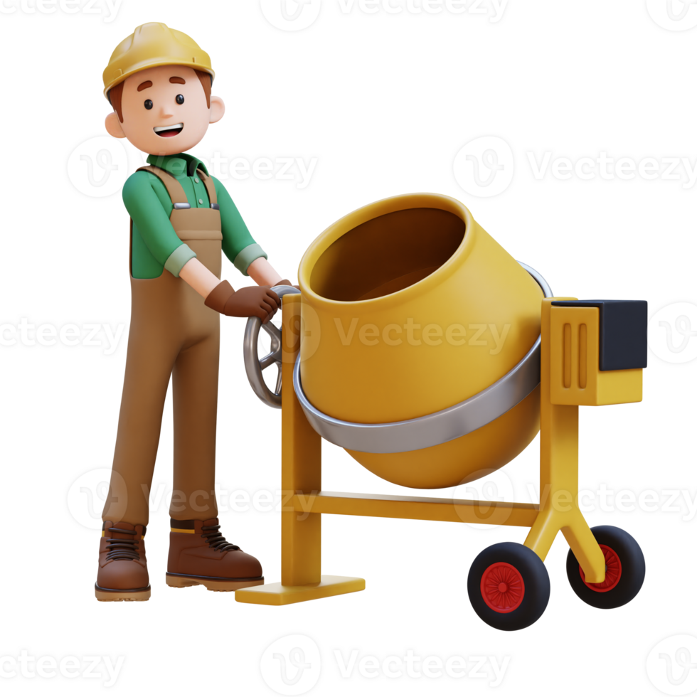 3D Construction Worker Character Working on Concrete Mixer png