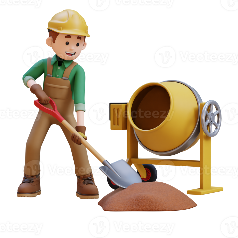 3D Construction Worker Character Work with Shovel and a Concrete Mixer Making Cement png