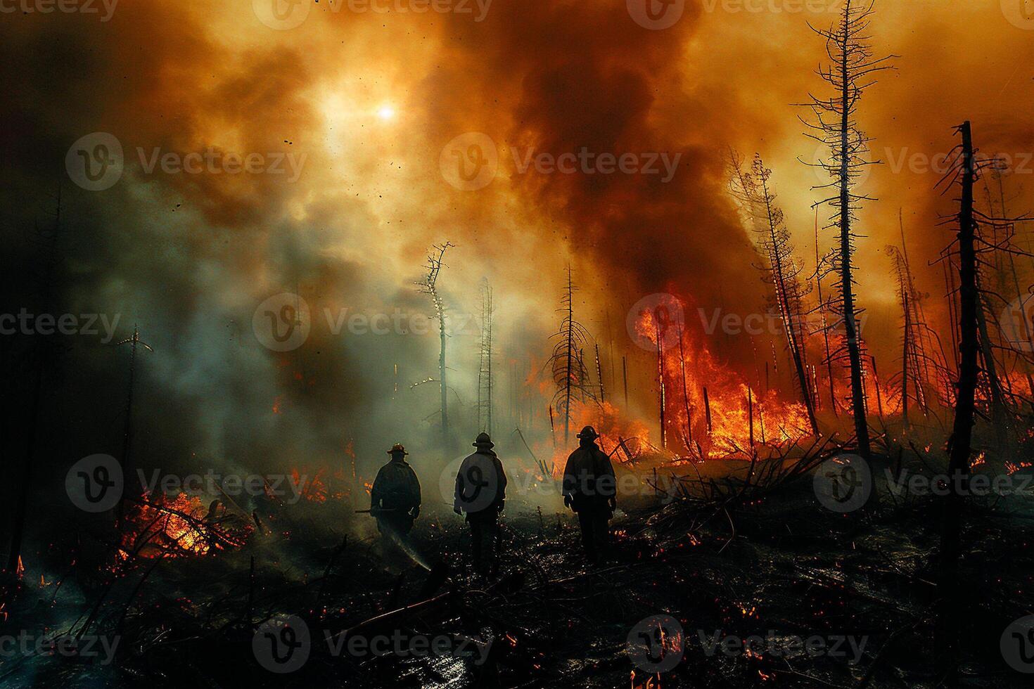 Aftermath of a forest fire, firefighters surveying the charred landscape and assessing the damage to wildlife habitats and ecosystems. photo