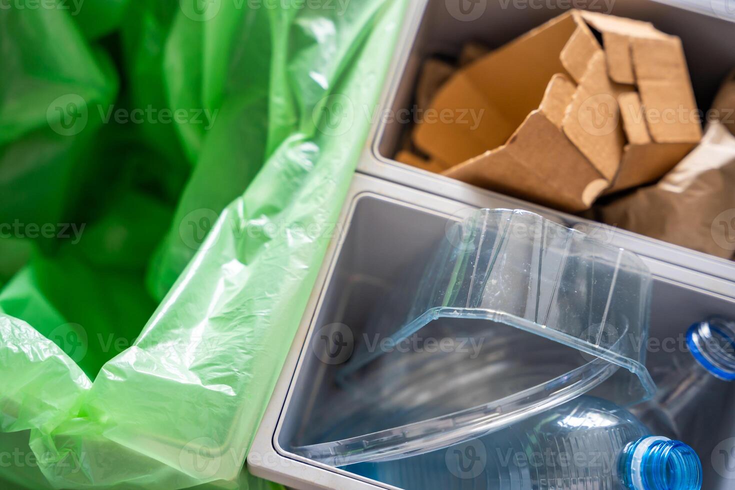 Household bins for waste sorting in the kitchen for recycle. Plastic, paper, bio and mixed waste. Sorting waste at home concept. High quality photo