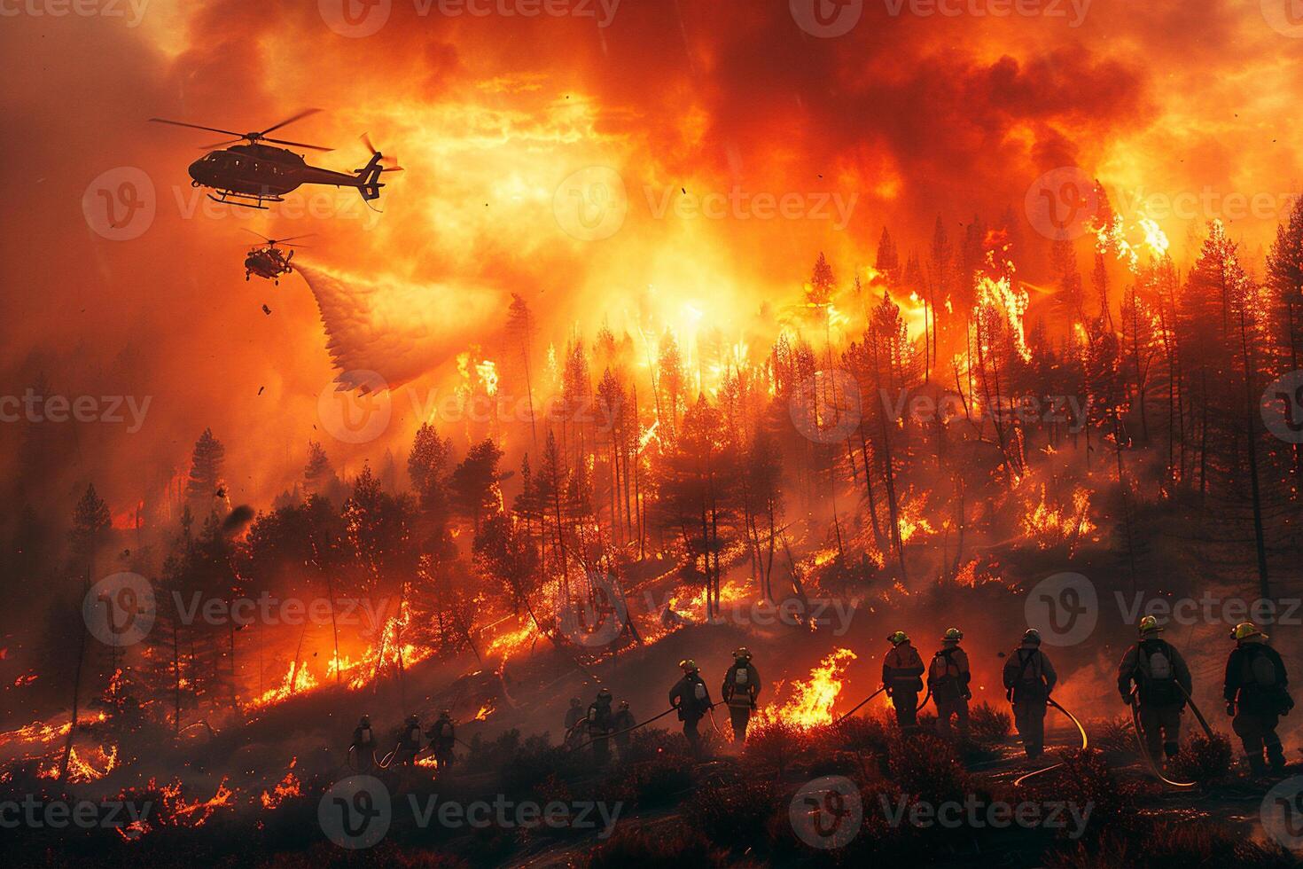 Firefighters battling a forest fire, with helicopters dropping water and firefighters using hoses to contain the blaze amidst the charred landscape. photo