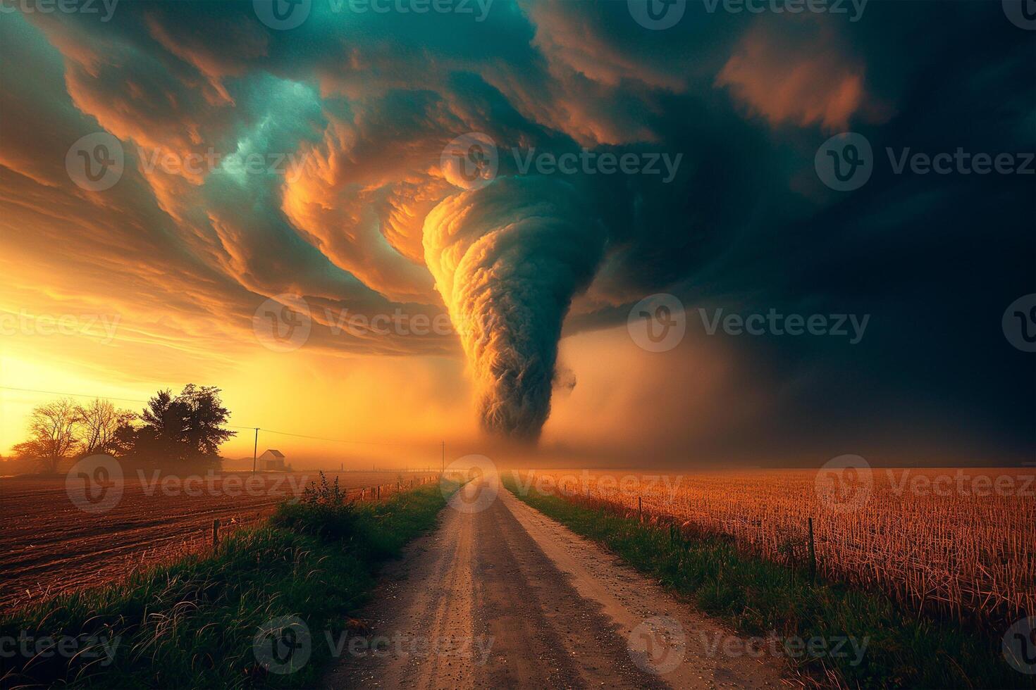 Mysterious and dark ominous clouds in sunset light during a hurricane over a fields. photo