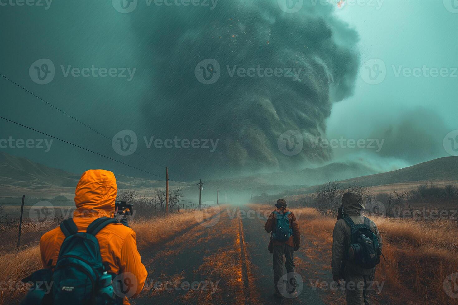 Group of storm chasers capturing footage of a tornado from a safe distance, demonstrating the risky yet exhilarating pursuit of extreme weather photography. photo