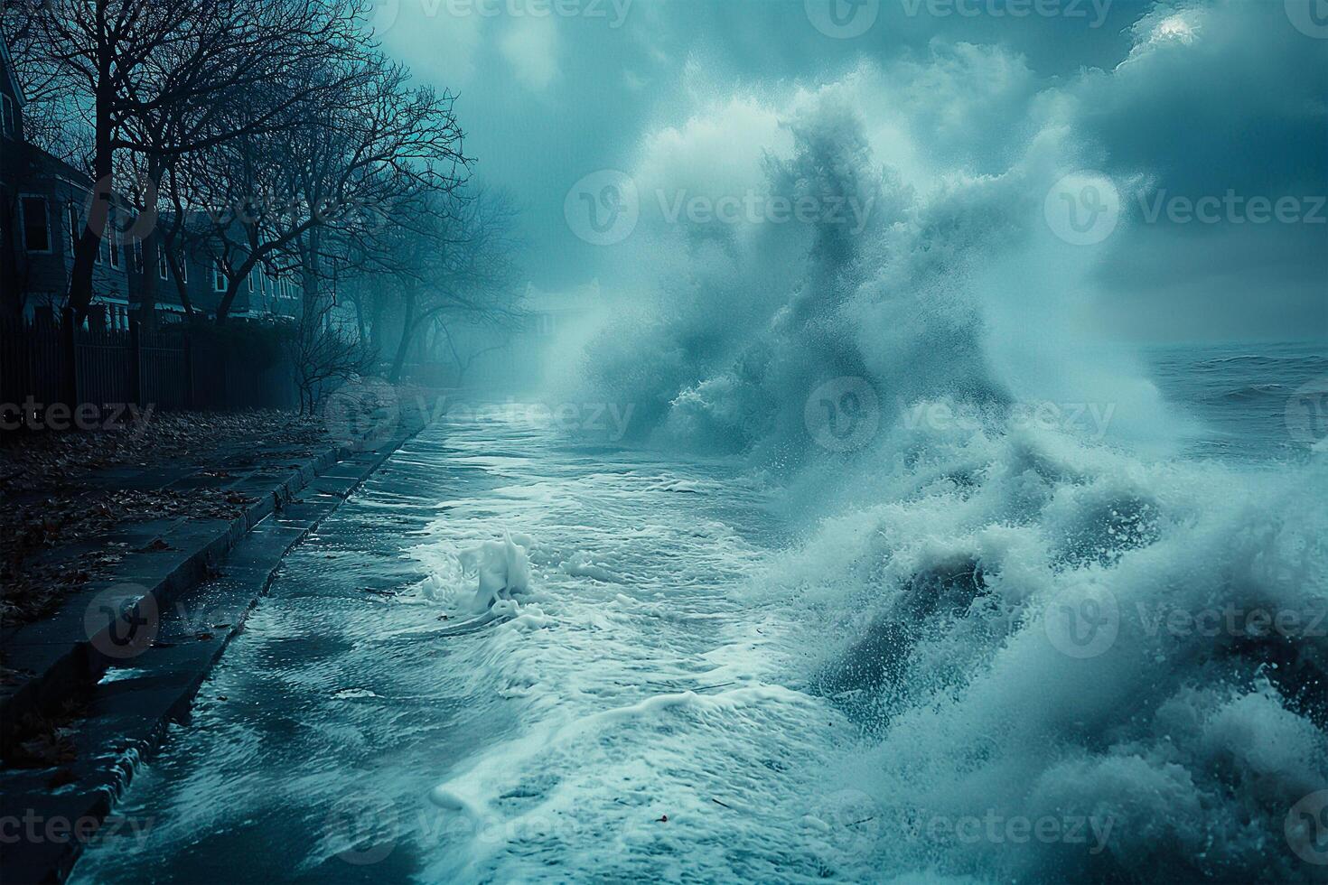 Coastline being battered by strong winds and crashing waves during a hurricane, illustrating the ferocity of nature's wrath. photo