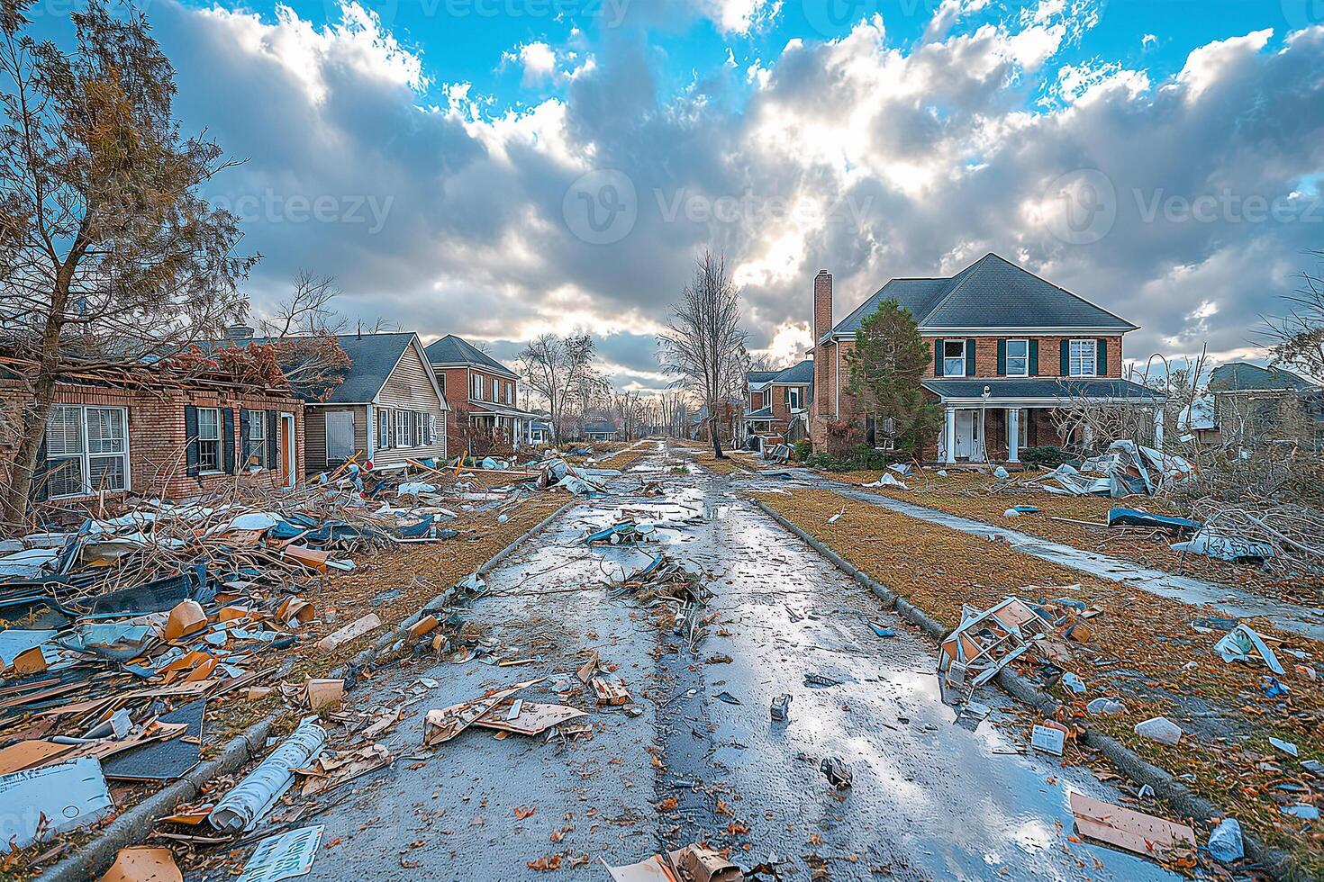 Destroyed by hurricane suburban houses. Consequences of natural disaster. photo