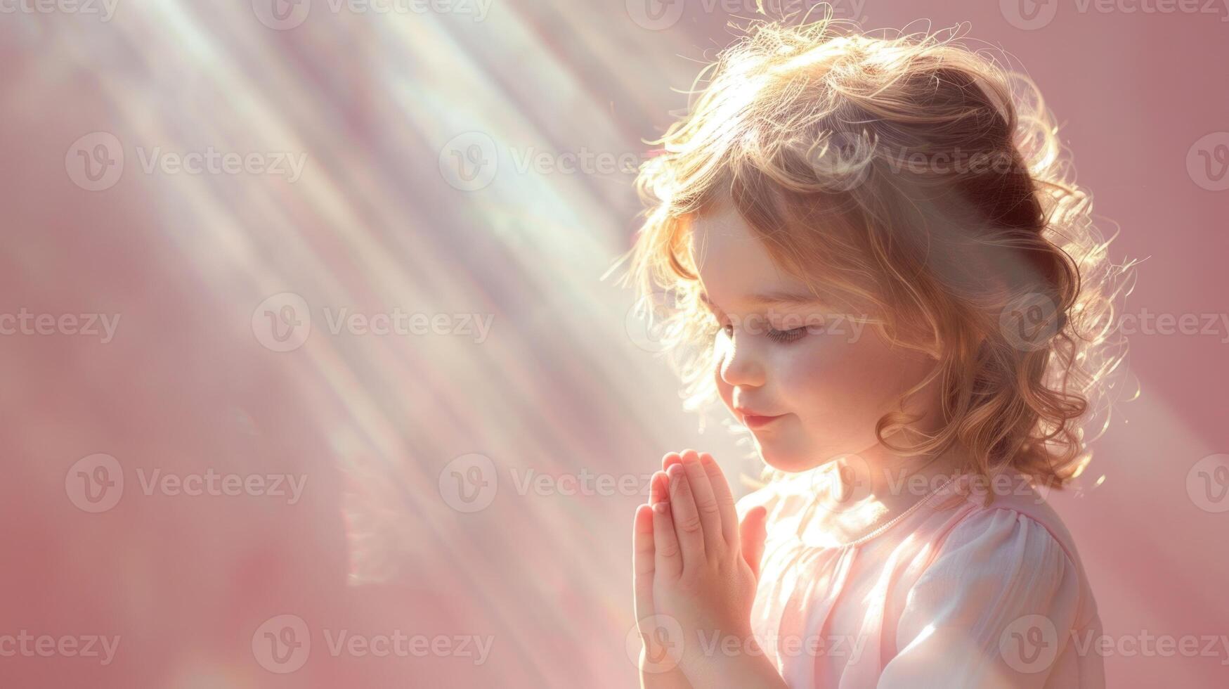 religious angel kid little girl praying to god holy light, ai photo