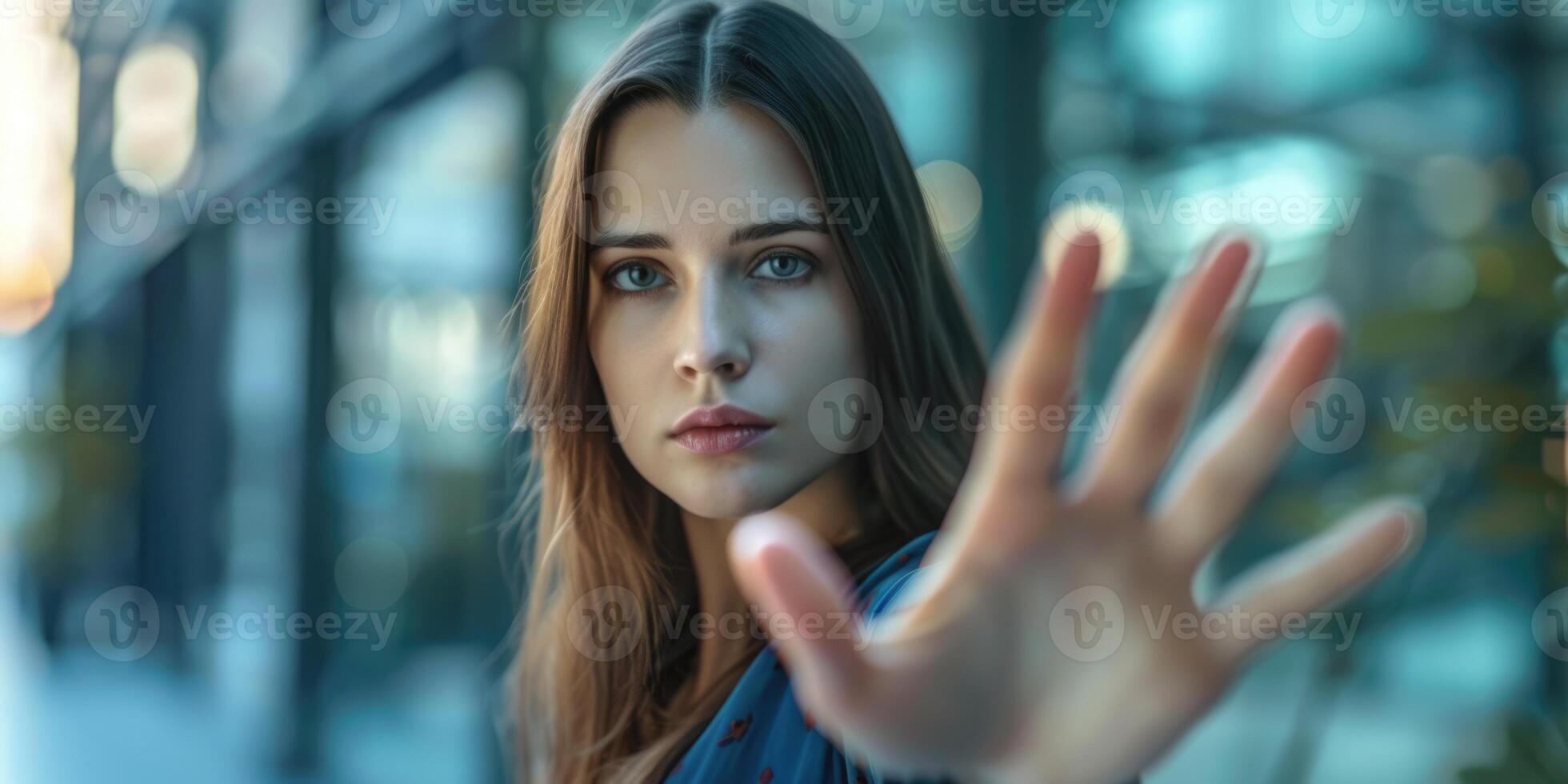 woman raised her hand for dissuade, Abuse, stop violence against women. Stop sexual harassment and rape. ai photo