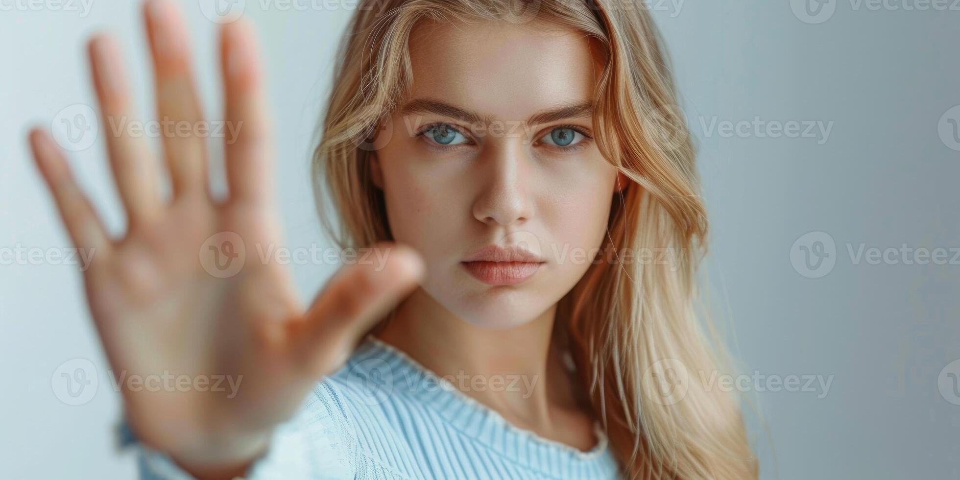 woman raised her hand for dissuade, Abuse, stop violence against women. Stop sexual harassment and rape. ai photo