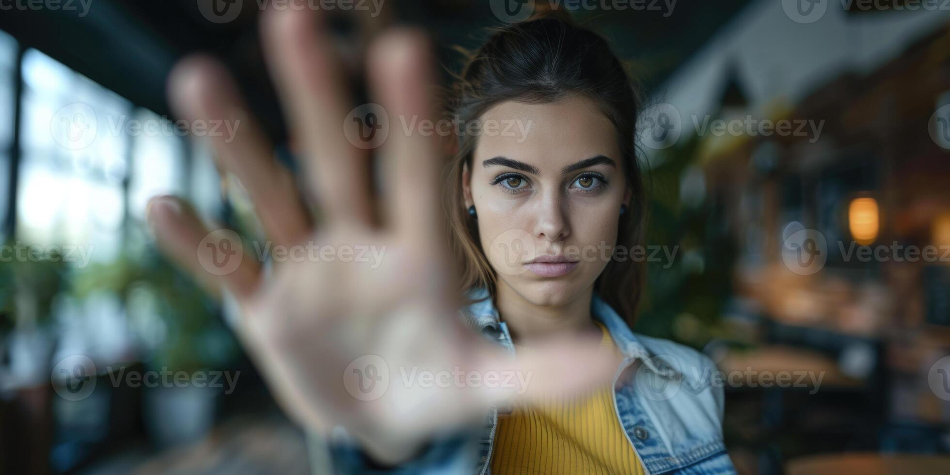 woman raised her hand for dissuade, Abuse, stop violence against women. Stop sexual harassment and rape. ai photo