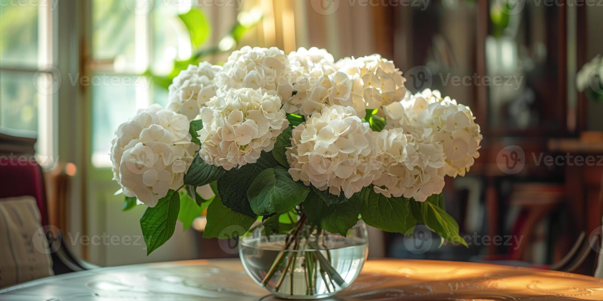 lush white hydrangea with vase at home, ai photo