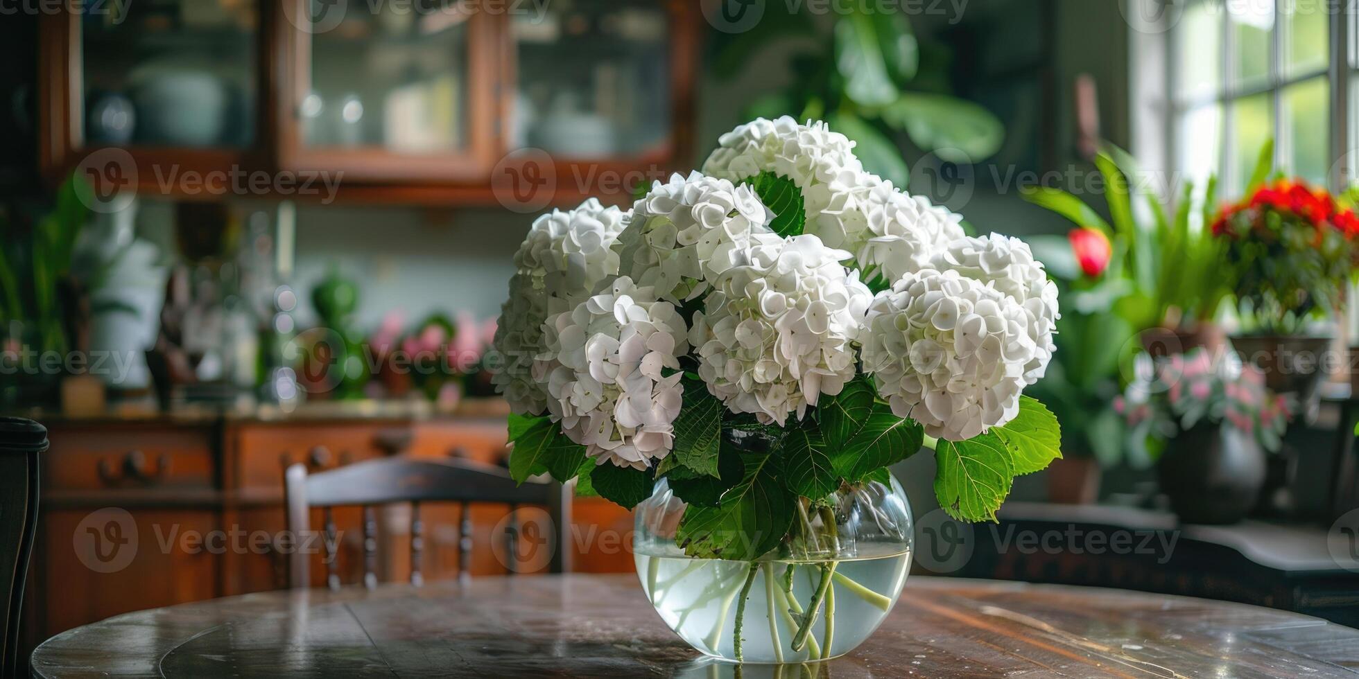 lush white hydrangea with vase at home, ai photo