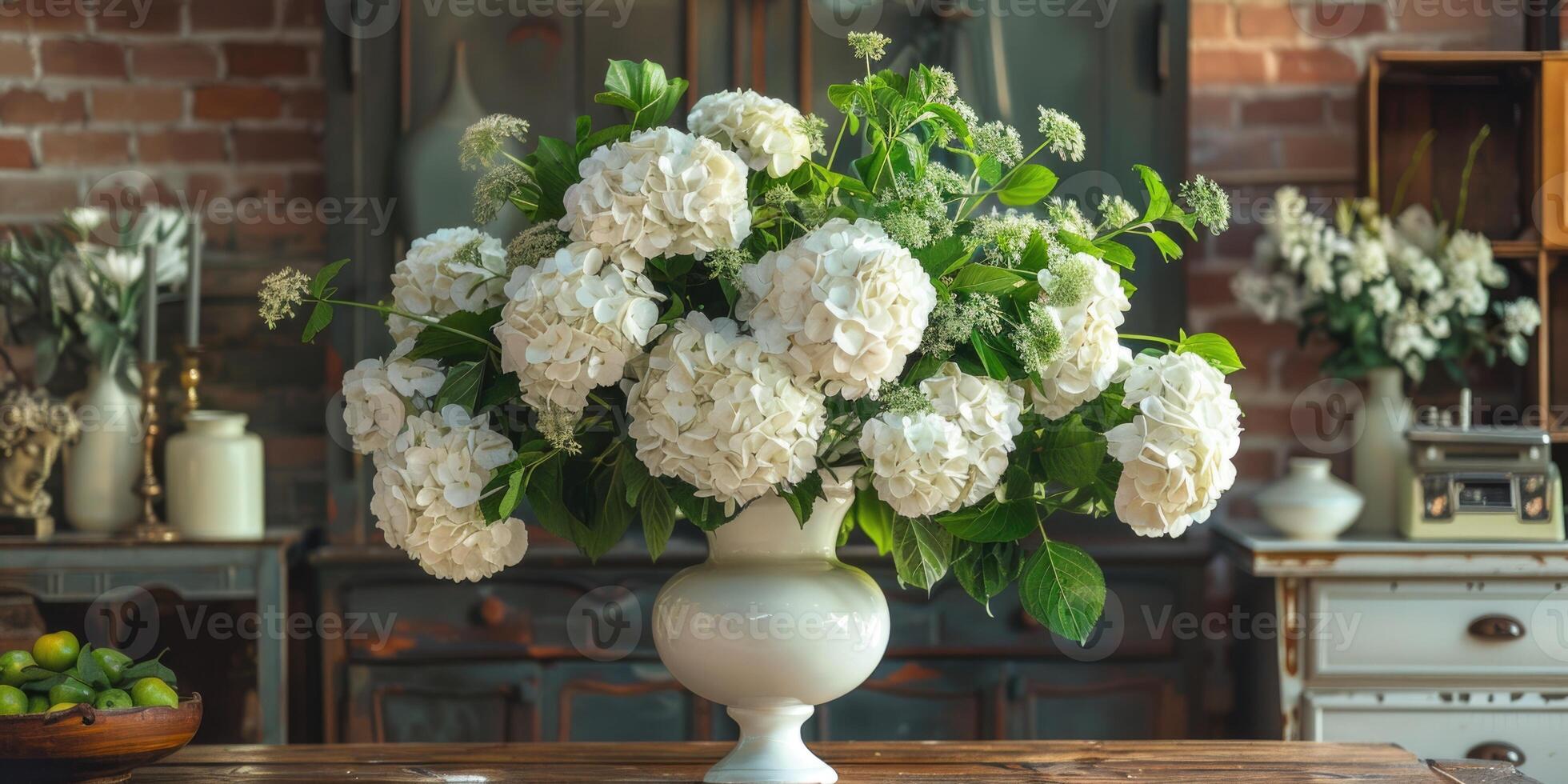lush white hydrangea with vase at home, ai photo