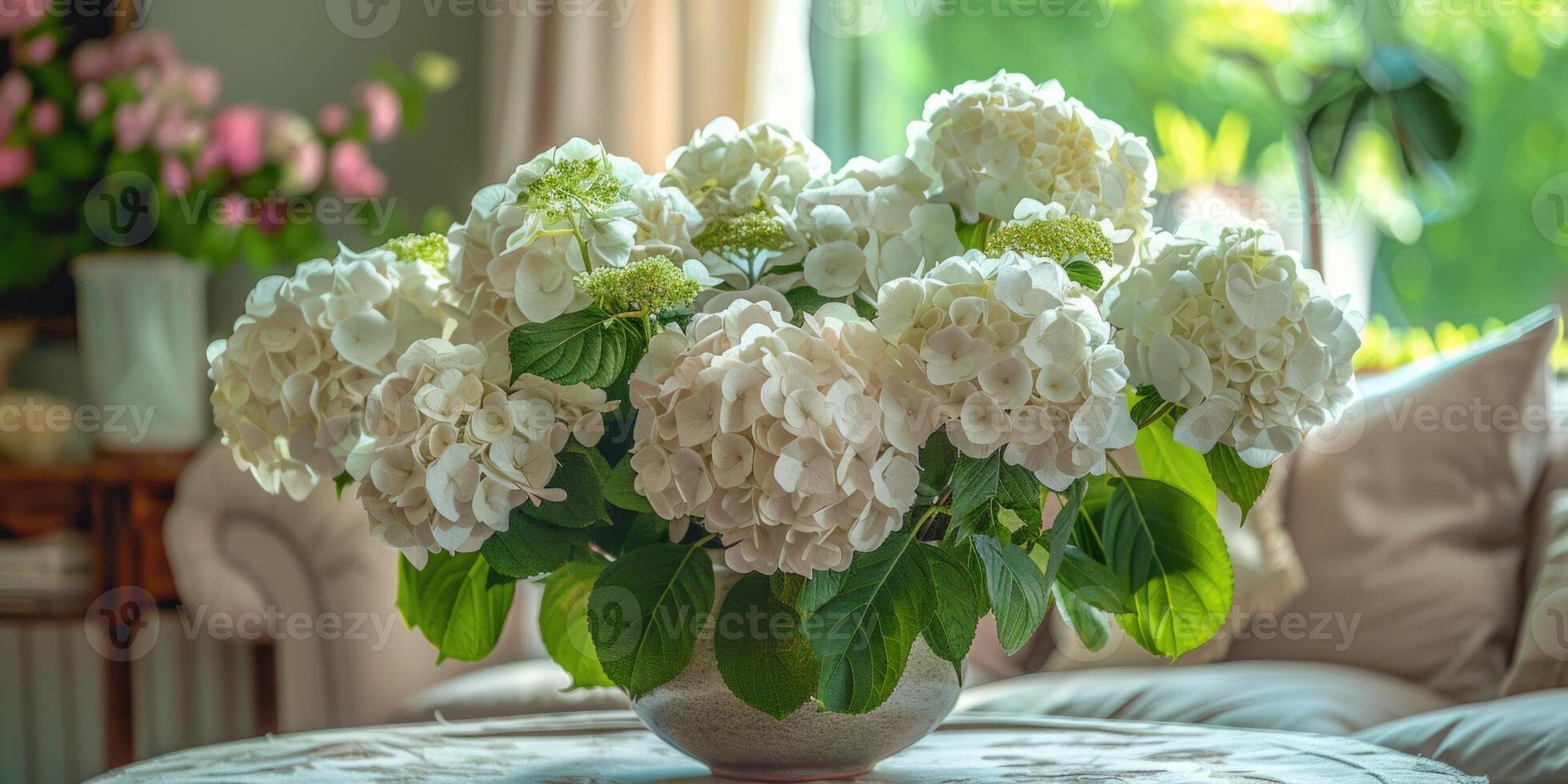 lush white hydrangea with vase at home, ai photo