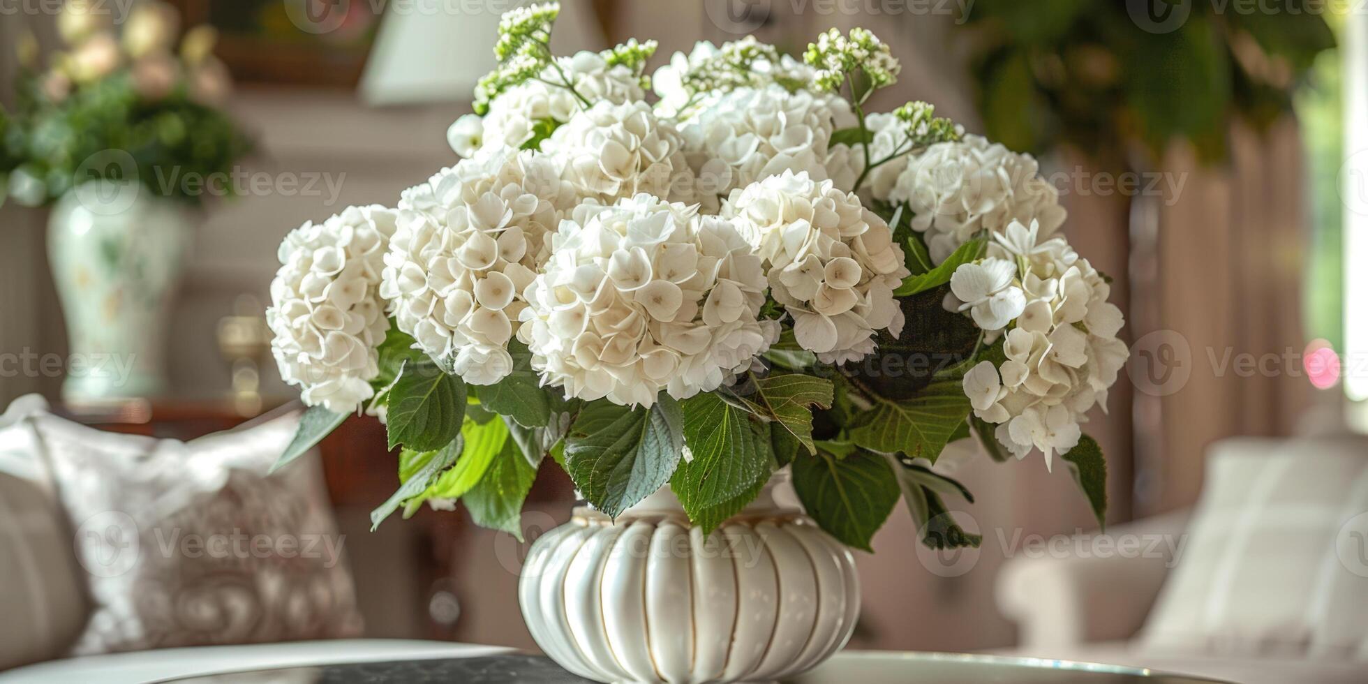 lush white hydrangea with vase at home, ai photo