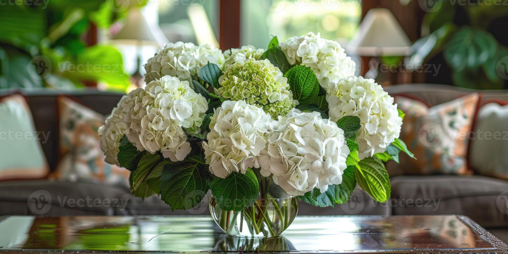 lush white hydrangea with vase at home, ai photo