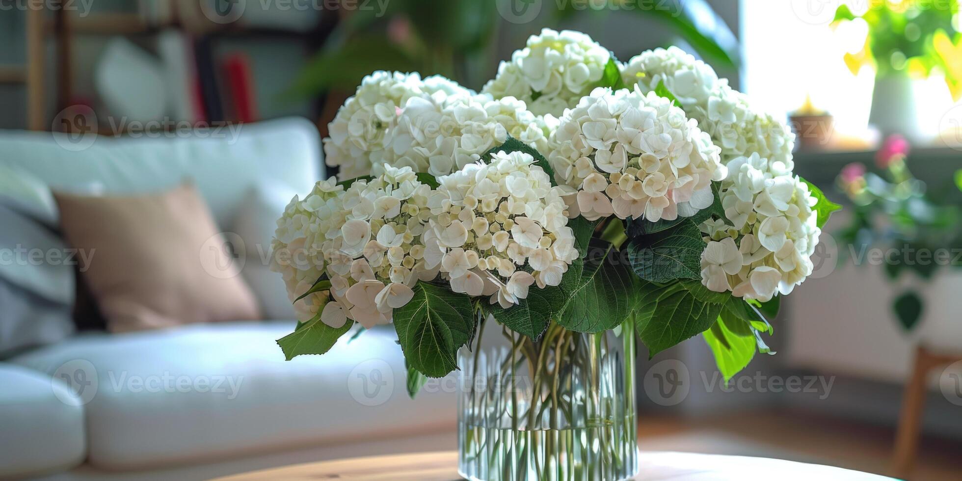 lush white hydrangea with vase at home, ai photo