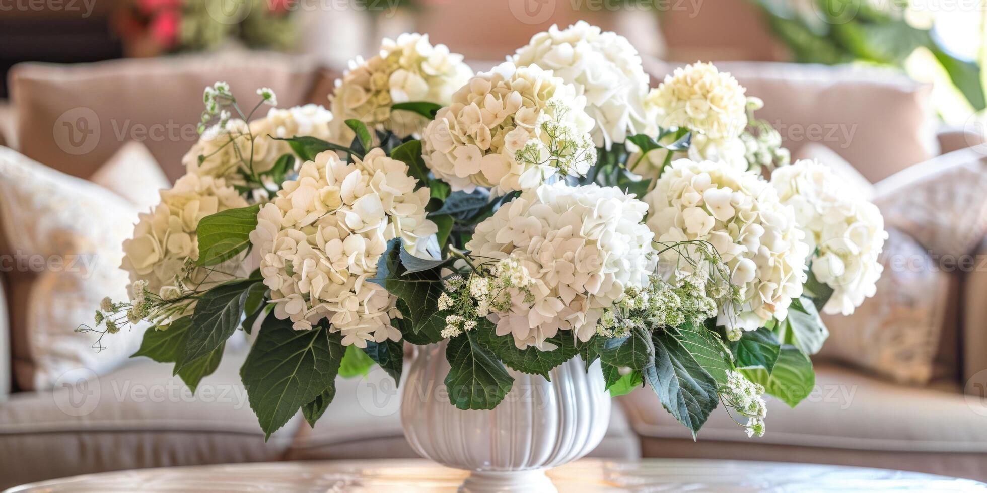 lush white hydrangea with vase at home, ai photo