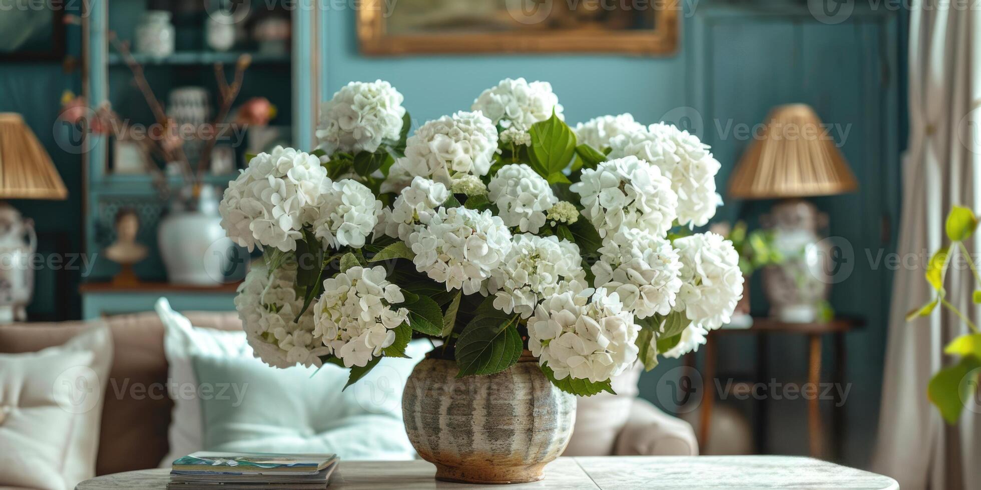 lush white hydrangea with vase at home, ai photo