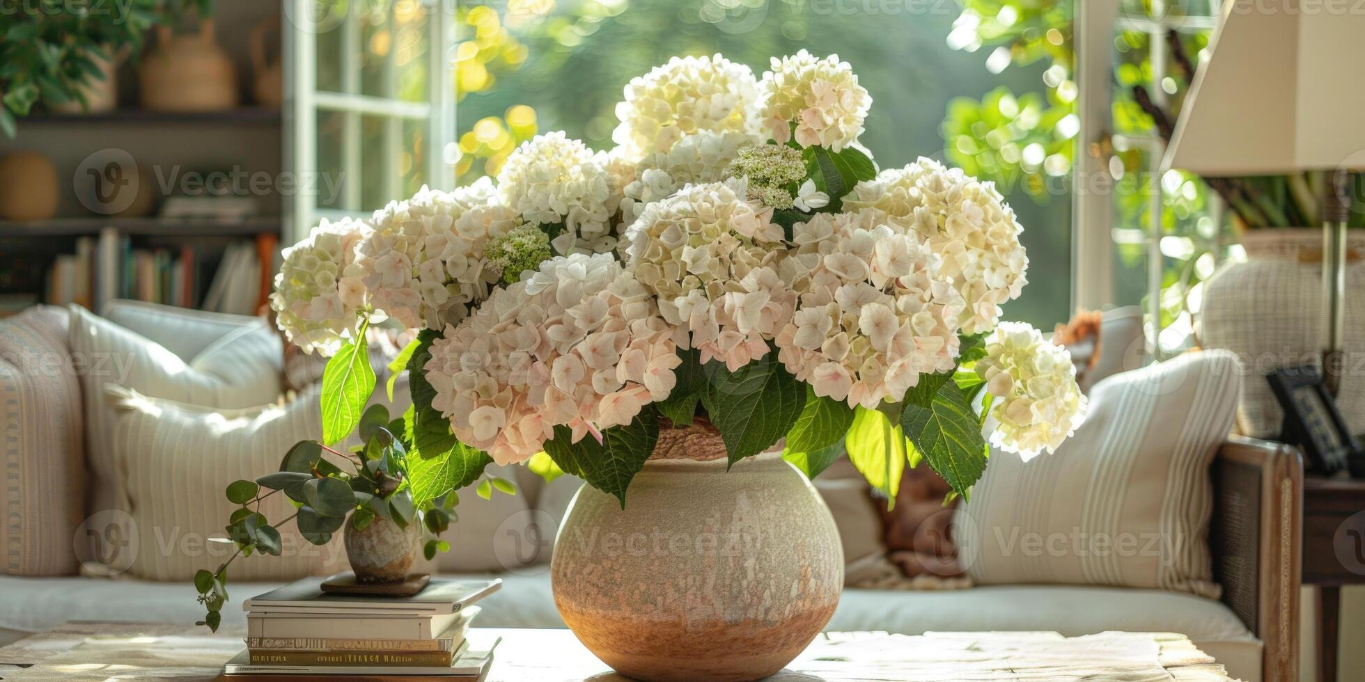 lush white hydrangea with vase at home, ai photo