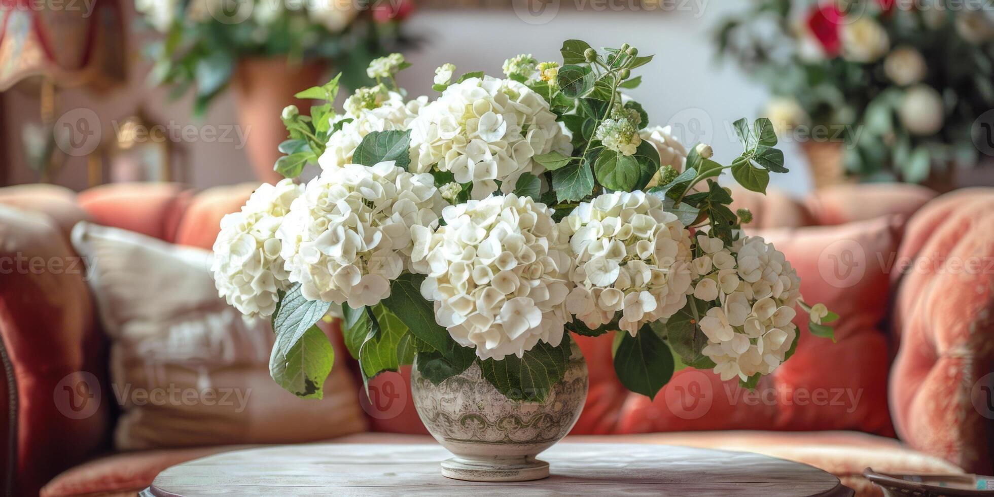 lush white hydrangea with vase at home, ai photo