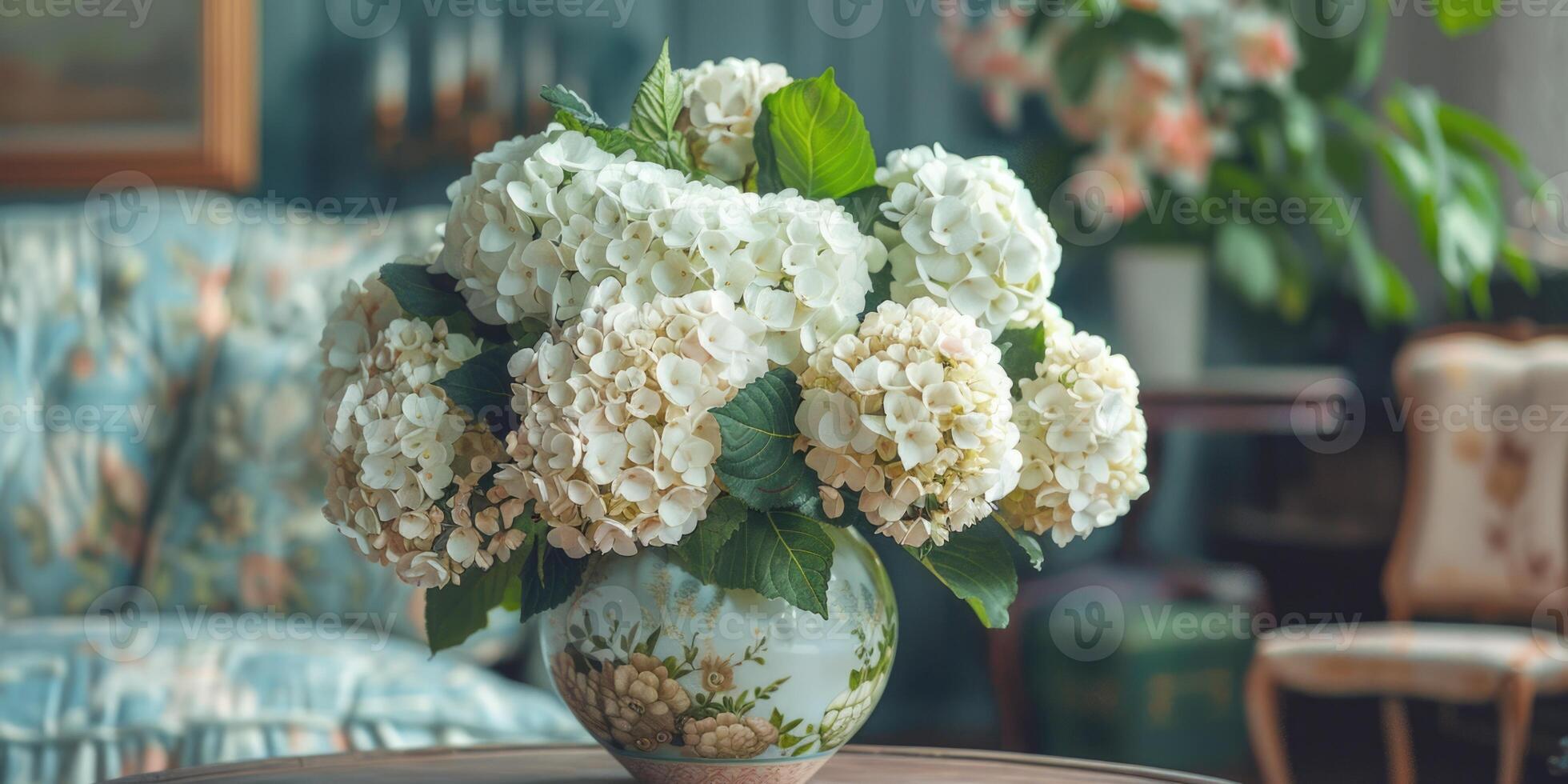 lush white hydrangea with vase at home, ai photo