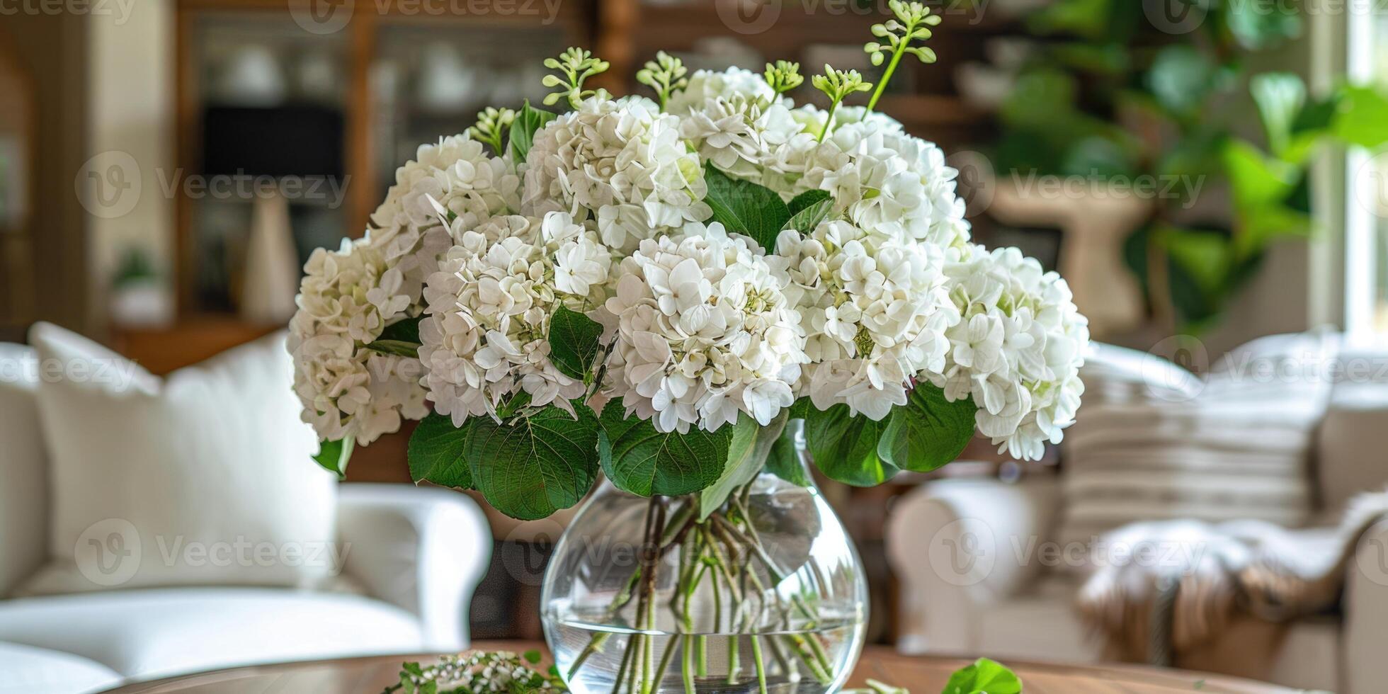 lush white hydrangea with vase at home, ai photo