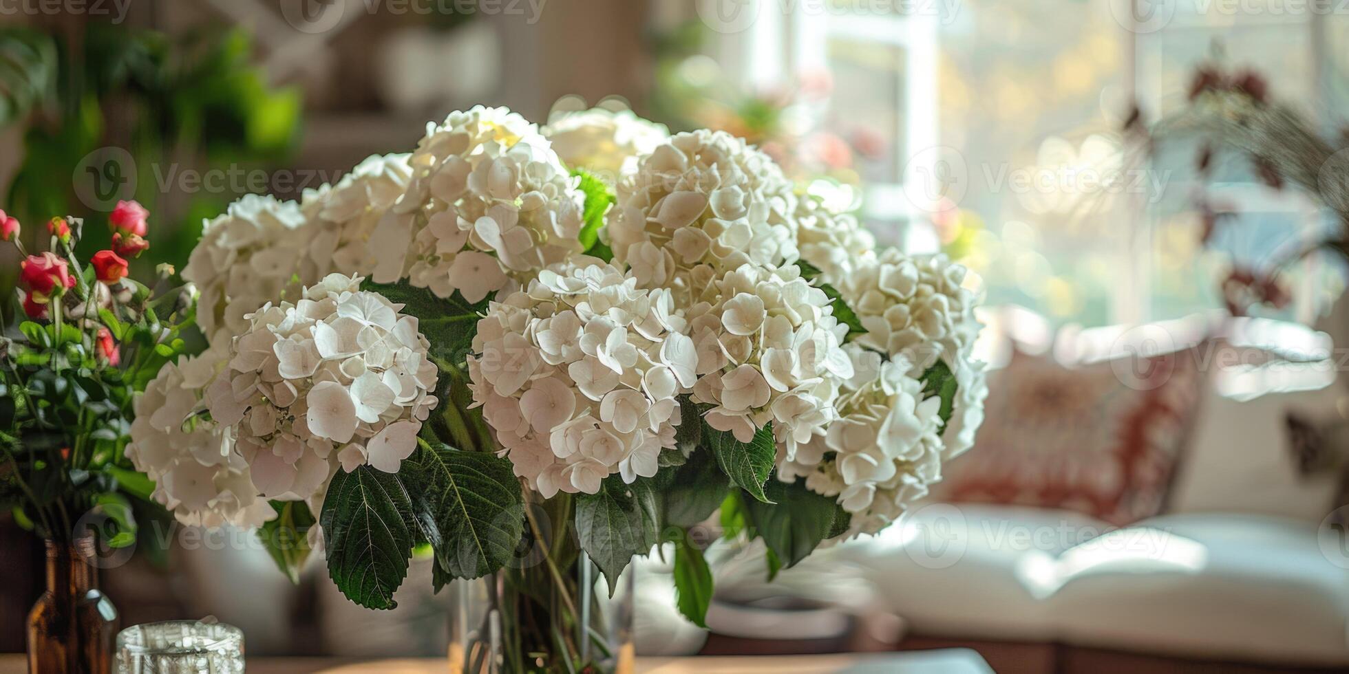 lush white hydrangea with vase at home, ai photo