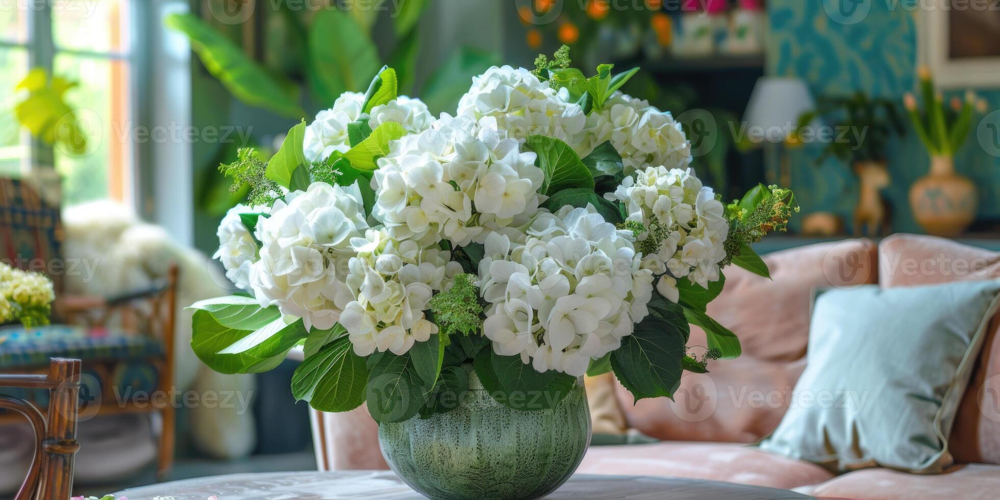 lush white hydrangea with vase at home, ai photo