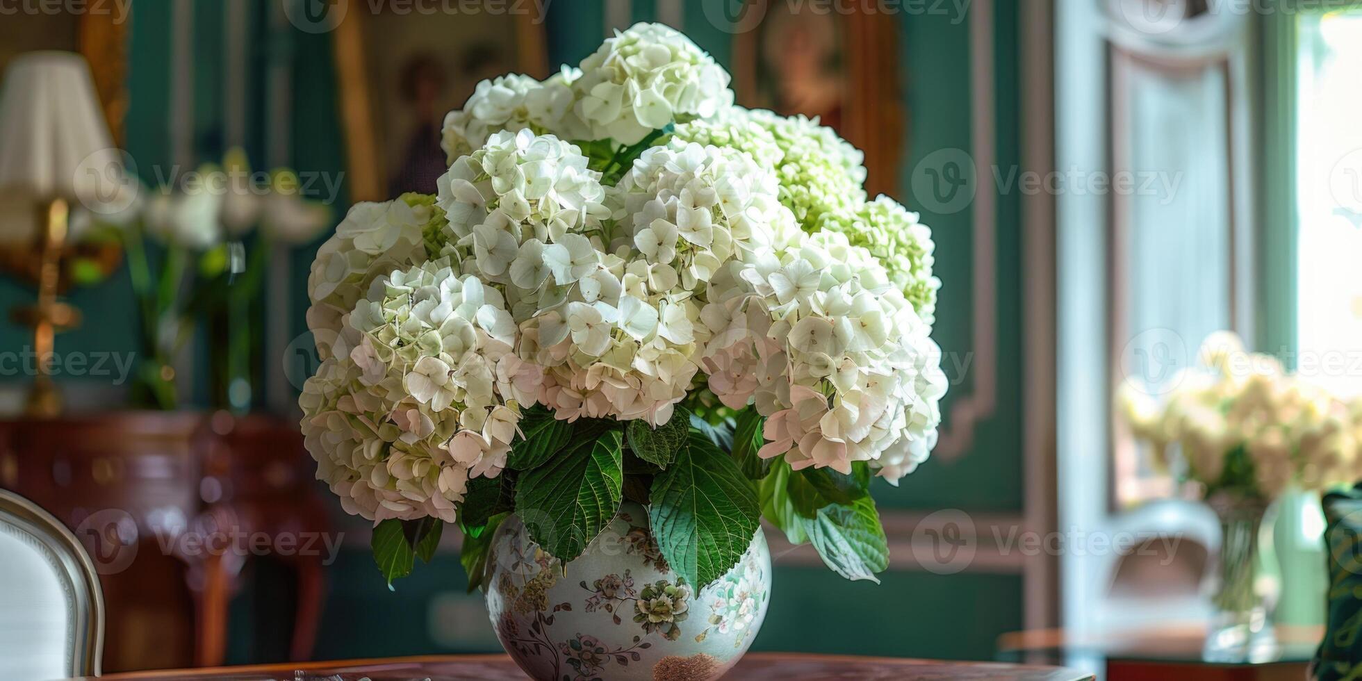 lush white hydrangea with vase at home, ai photo