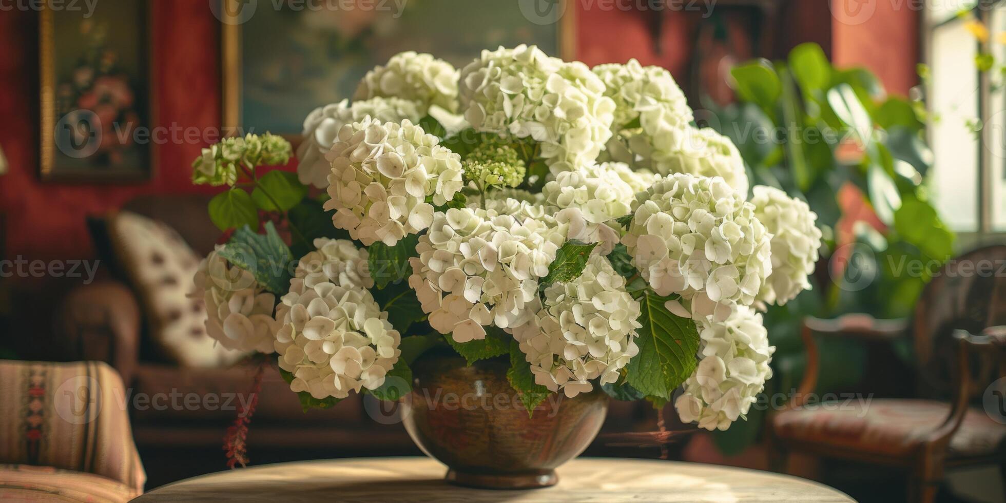 lush white hydrangea with vase at home, ai photo