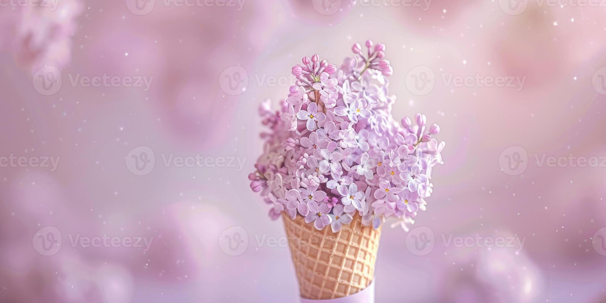 soft purple lilac flowers in a waffle cone concept, ai photo