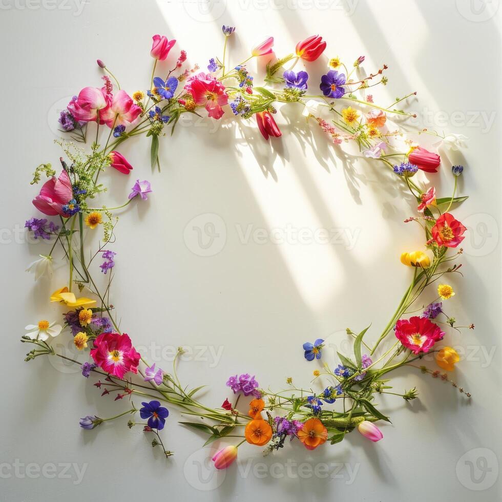 wildflowers decoration floral flatlay on white background, ai photo