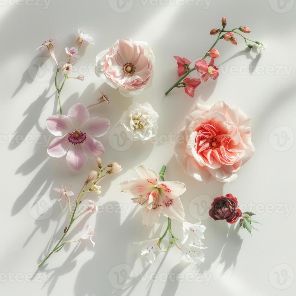 top shot flatlay flowers on white background with shadows, ai photo