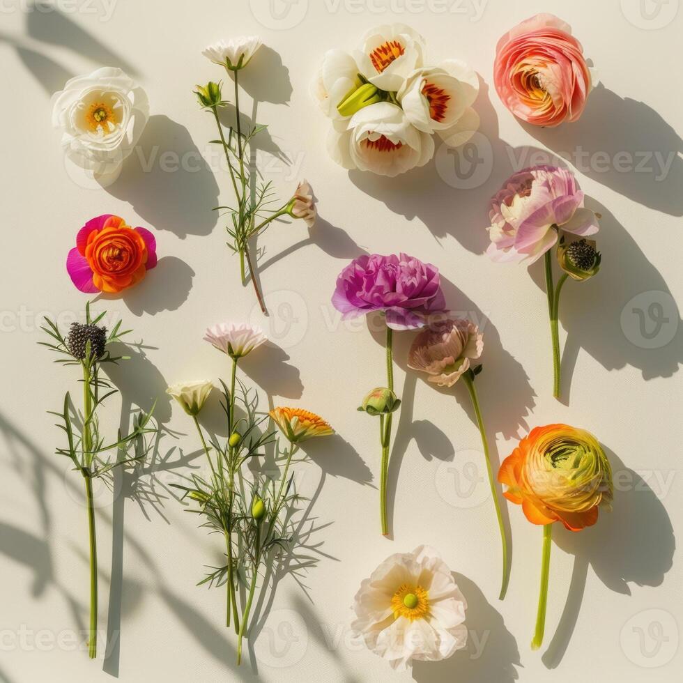 top shot flatlay flowers on white background with shadows, ai photo