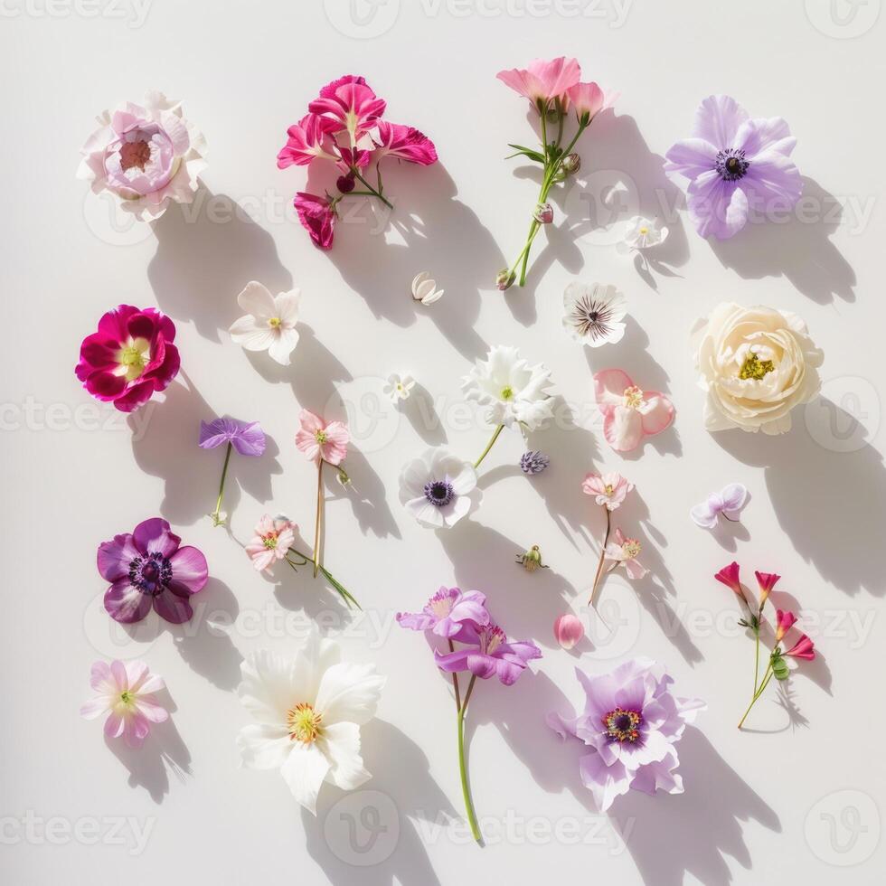 top shot flatlay flowers on white background with shadows, ai photo