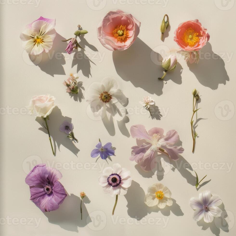 top shot flatlay flowers on white background with shadows, ai photo