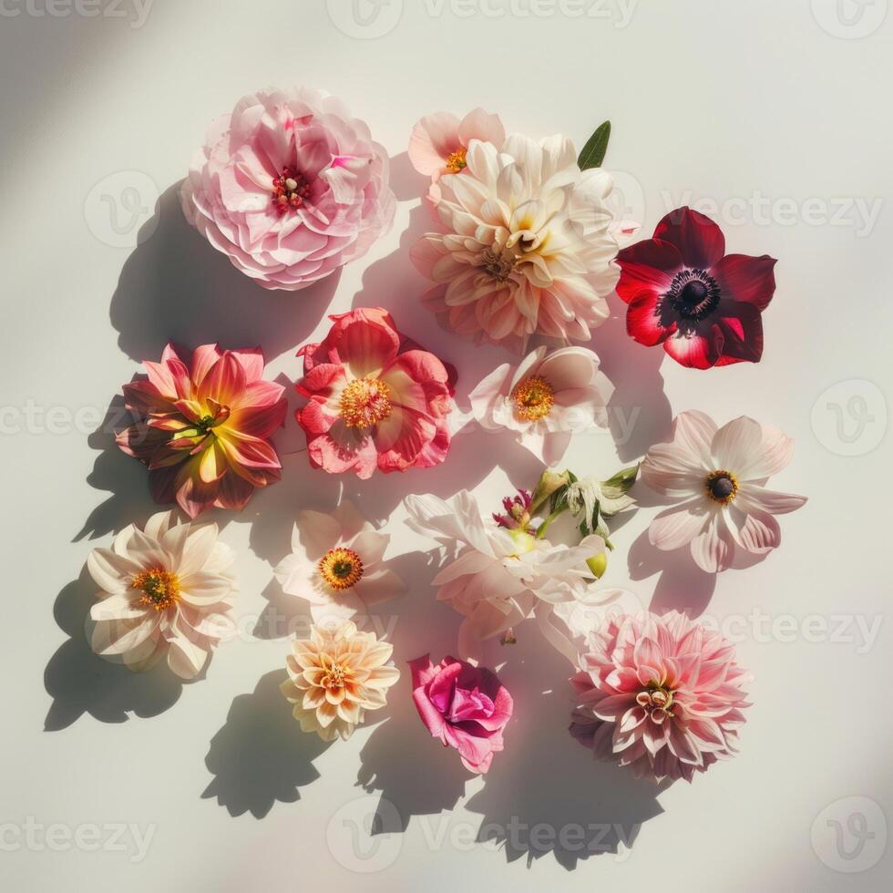 top shot flatlay flowers on white background with shadows, ai photo