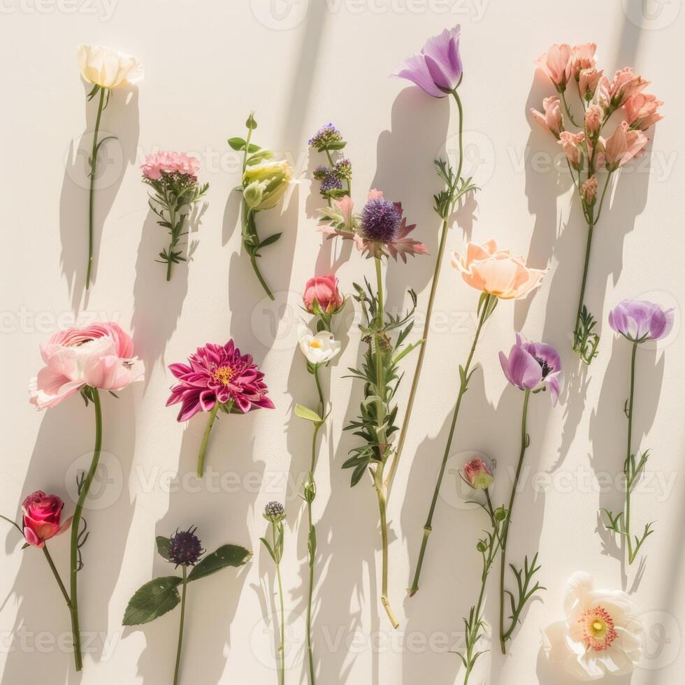 top shot flatlay flowers on white background with shadows, ai photo