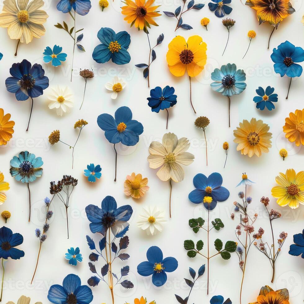 pressed flower colorful pattern texture wallpaper on white background, ai photo